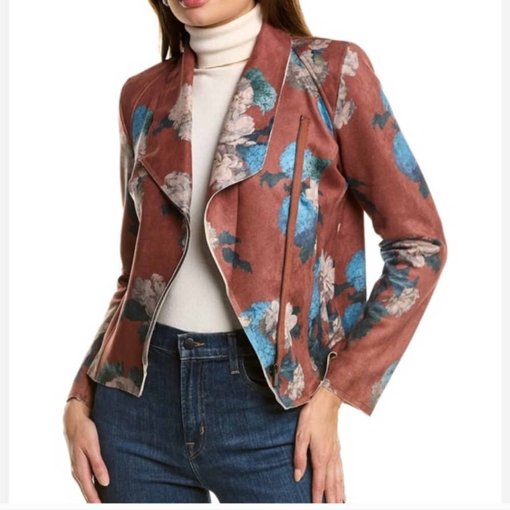 Elie Tahari Floral Women's Jacket - Rust and Blue Floral Faux Suede